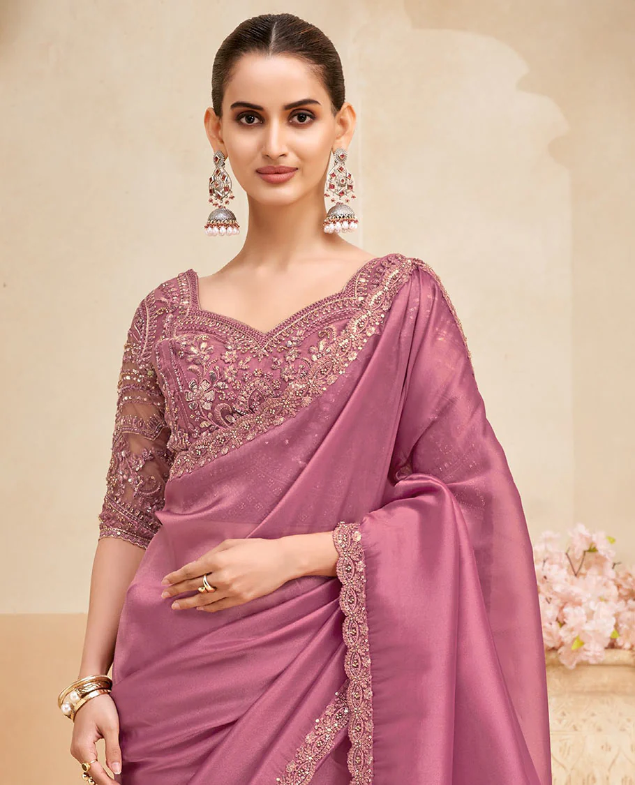 Pink plain designer saree, scallop embroidered border - Image 2