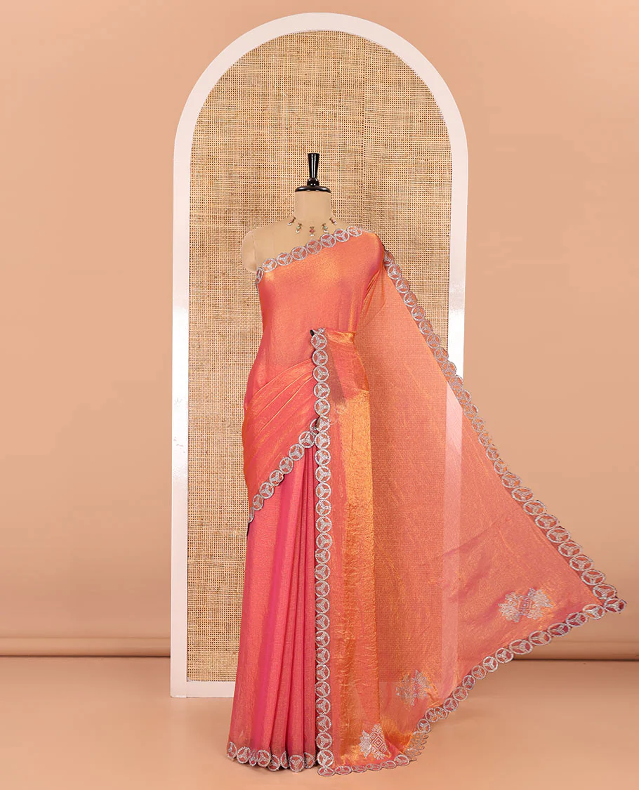 Pink plain fendy chiffon saree, scallop micro stone border, intricate stone work pallu, and a matching micro-stone blouse