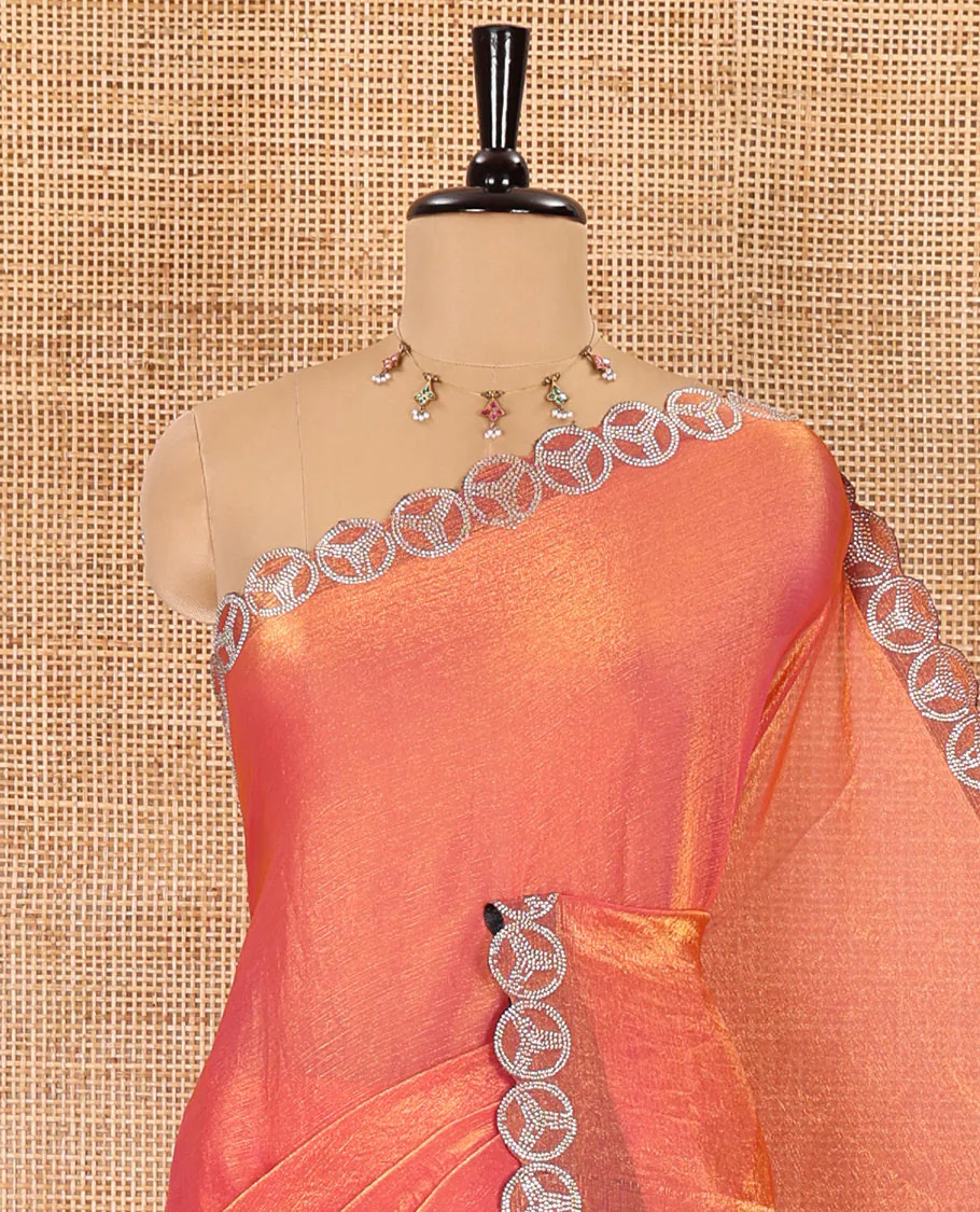 Pink plain fendy chiffon saree, scallop micro stone border, intricate stone work pallu, and a matching micro-stone blouse - Image 2