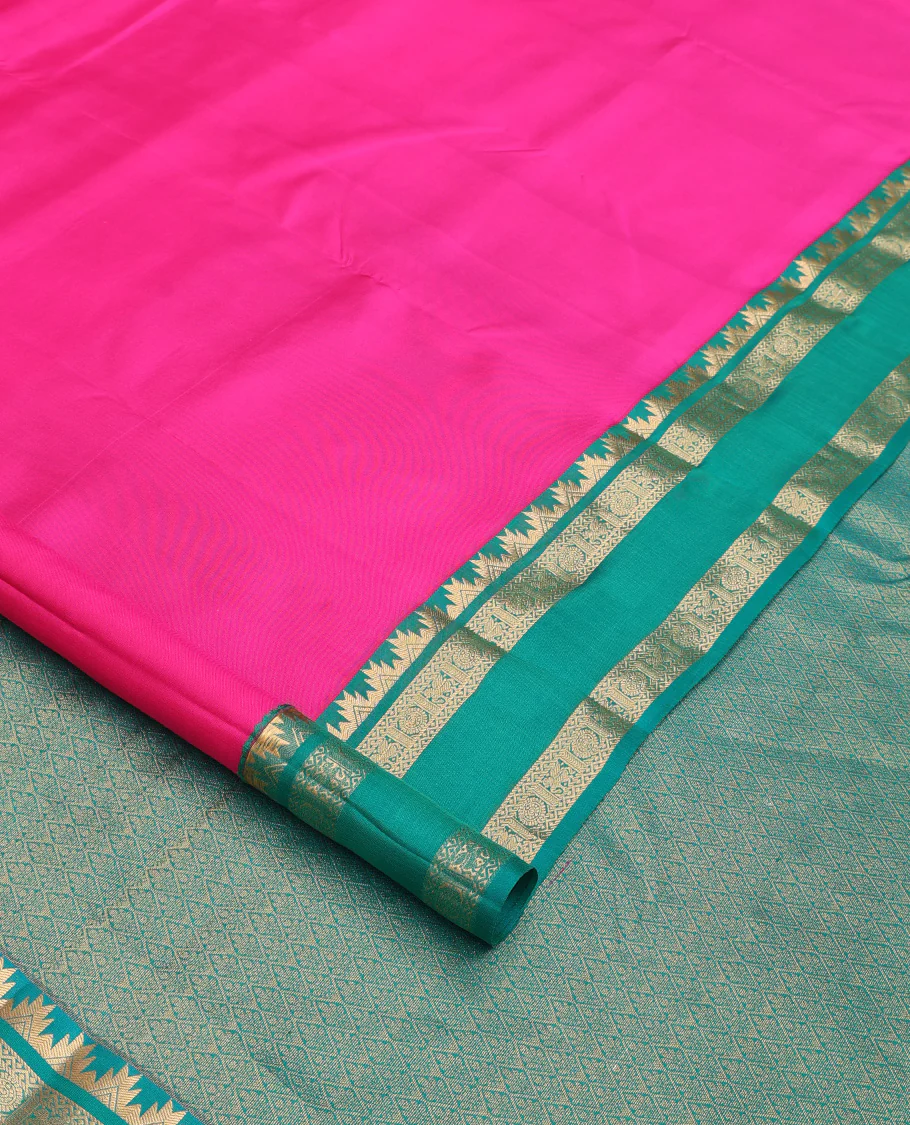 Pink plain Kanchipuram silk saree, contrast rettai pettu border of thazampoo rekku, neli, chakram, and kuthirai, and jaal pallu - Image 2