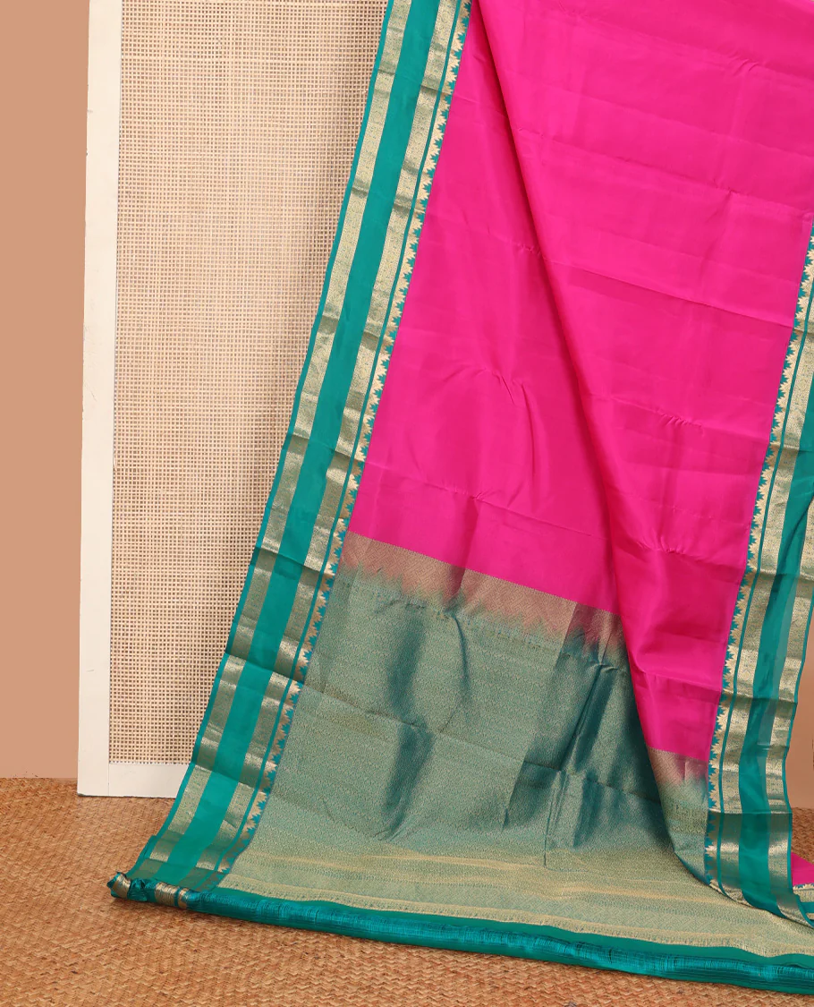 Pink plain Kanchipuram silk saree, contrast rettai pettu border of thazampoo rekku, neli, chakram, and kuthirai, and jaal pallu - Image 3