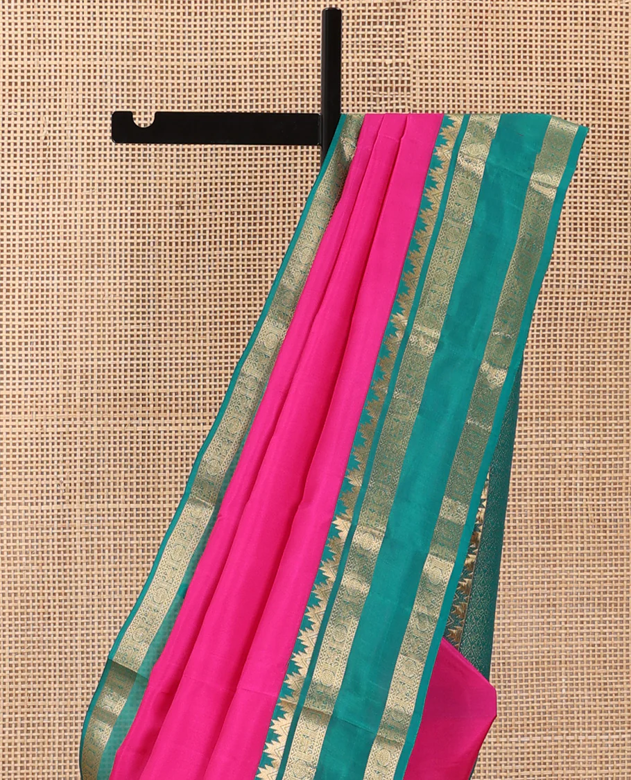 Pink plain Kanchipuram silk saree, contrast rettai pettu border of thazampoo rekku, neli, chakram, and kuthirai, and jaal pallu - Image 4