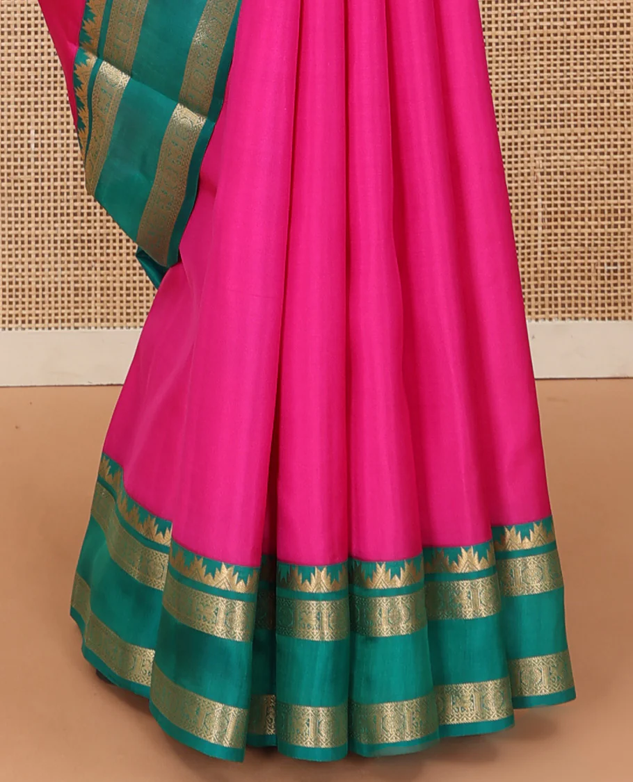 Pink plain Kanchipuram silk saree, contrast rettai pettu border of thazampoo rekku, neli, chakram, and kuthirai, and jaal pallu - Image 5