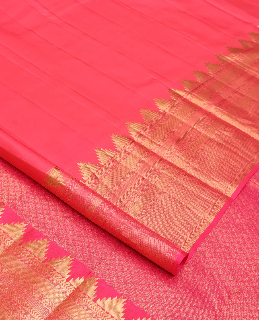 Pink plain Kanchipuram silk saree, thazampoo rekku border of rekku, kathir, diamond, poun, and mayil kann and jaal pallu - Image 2