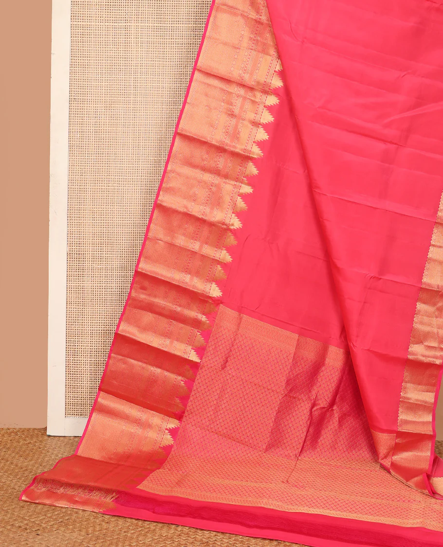 Pink plain Kanchipuram silk saree, thazampoo rekku border of rekku, kathir, diamond, poun, and mayil kann and jaal pallu - Image 3