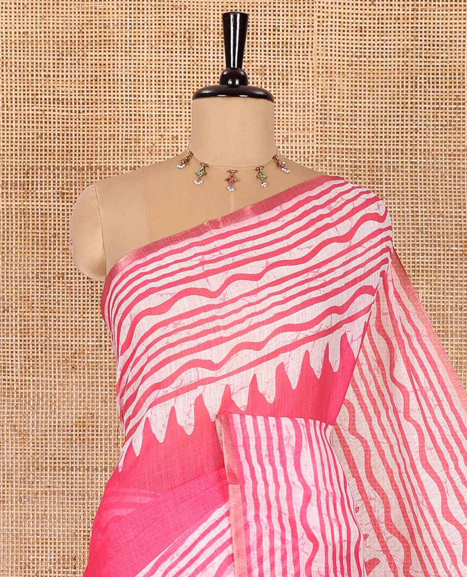 Pink plain linen cotton saree, temple zig-zag striped batik printed border, batik printed pallu, and triangle motifs batik printed blouse - Image 2