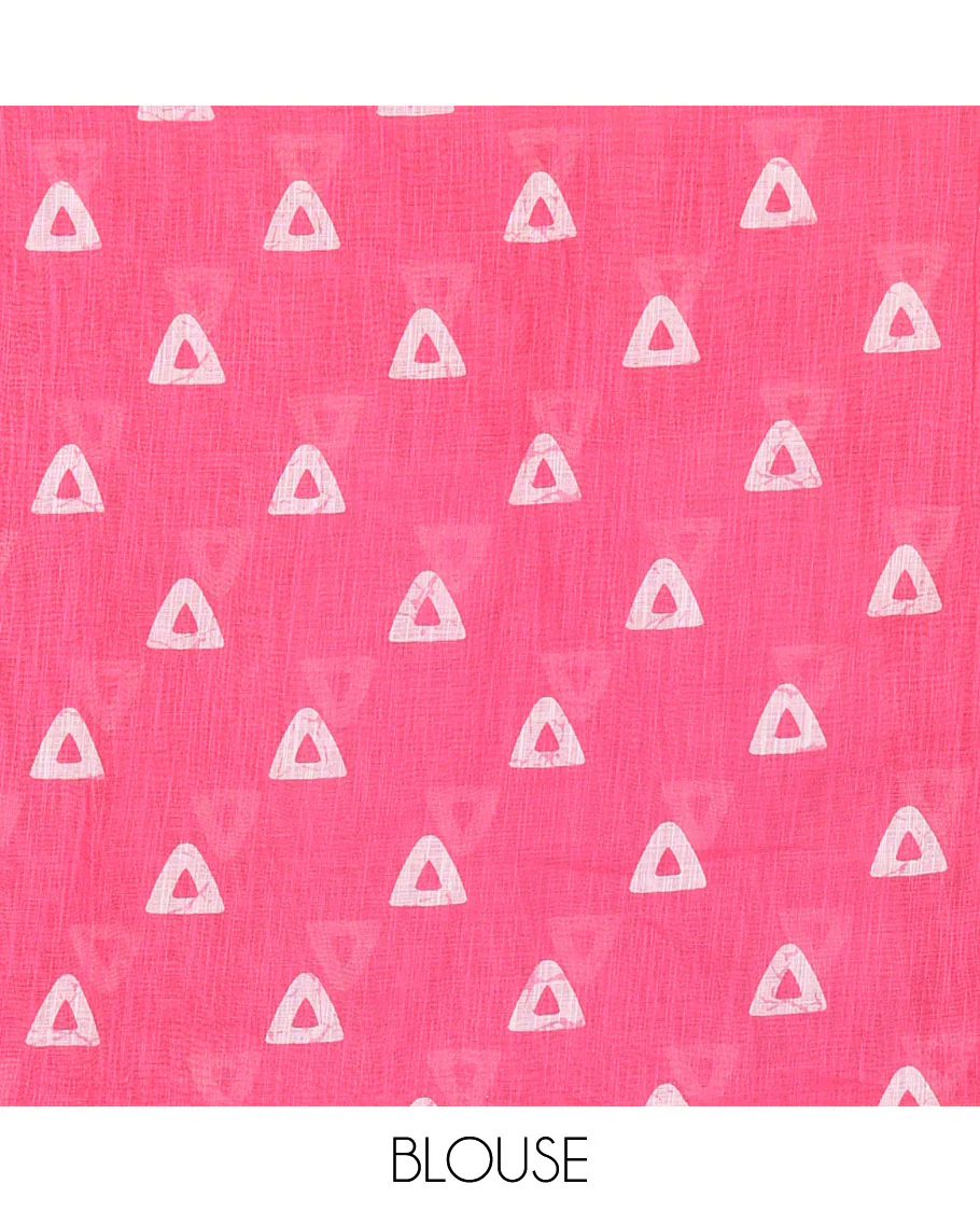 Pink plain linen cotton saree, temple zig-zag striped batik printed border, batik printed pallu, and triangle motifs batik printed blouse - Image 3