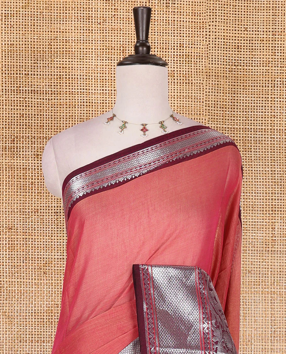 Pink plain mercerised cotton saree, contrast traditional zari border of elephant and peacock designs, striped pallu, and plain blouse - Image 3
