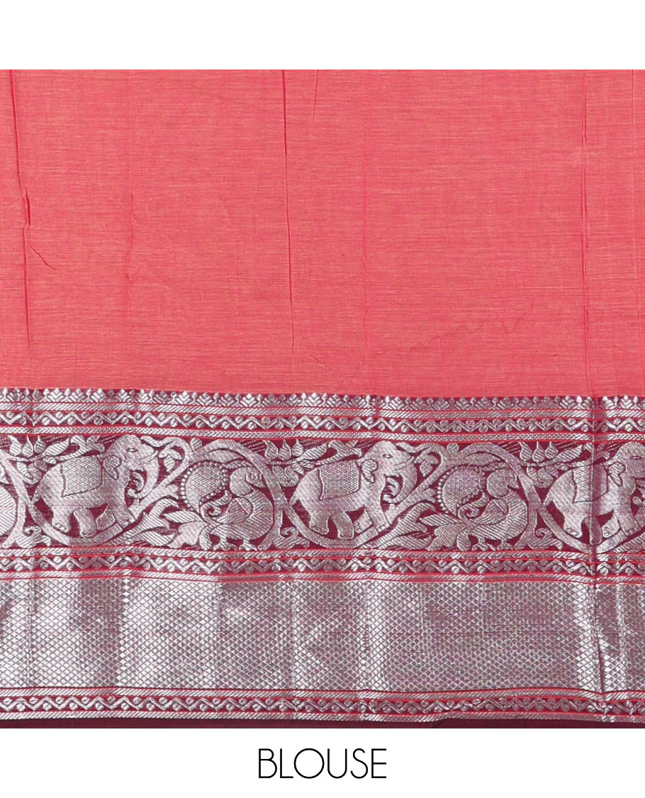 Pink plain mercerised cotton saree, contrast traditional zari border of elephant and peacock designs, striped pallu, and plain blouse - Image 4