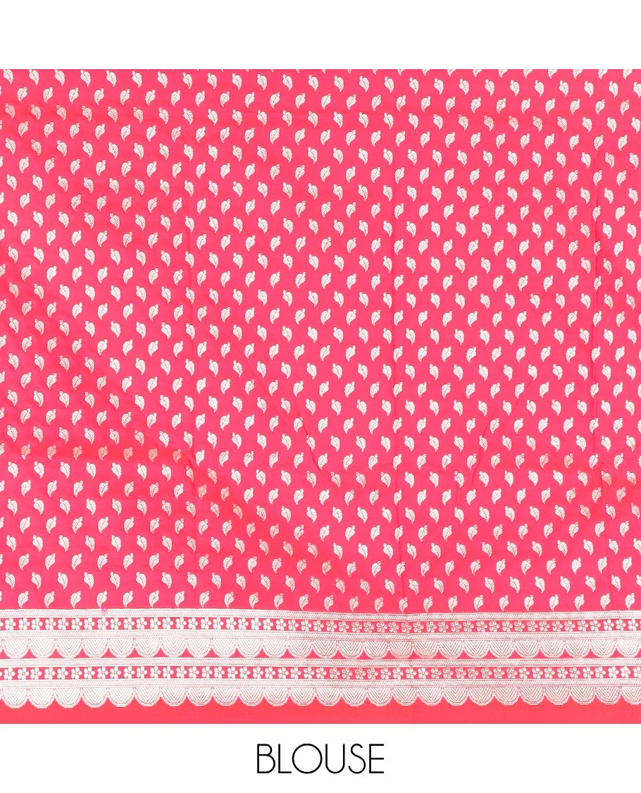 Pink plain mushru silk saree, self-border of scallop design, floral, and tree motifs, and intricately designed pallu - Image 4