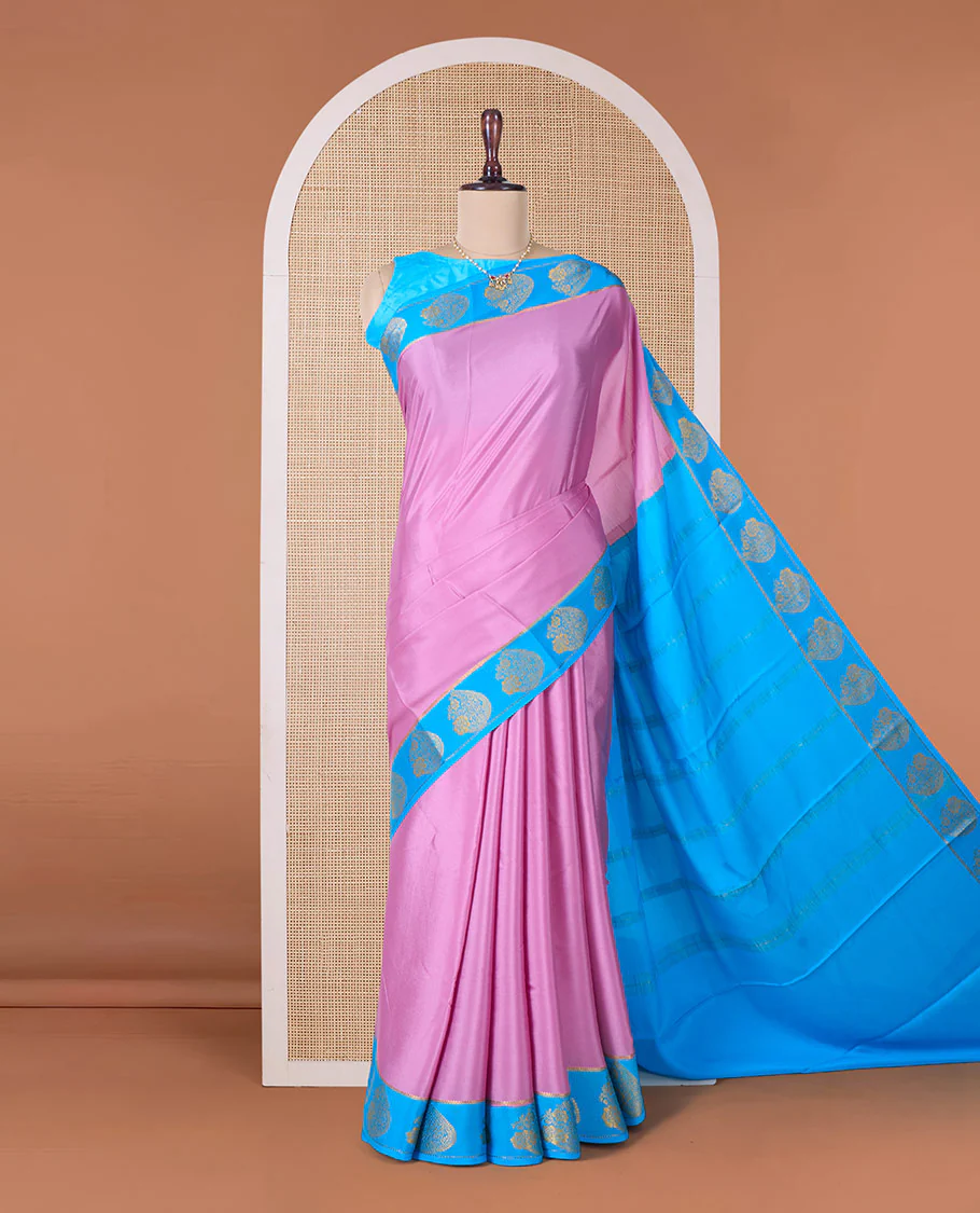Pink plain Mysore silk saree, contrast paisley motifs border, and striped pallu - Image 2