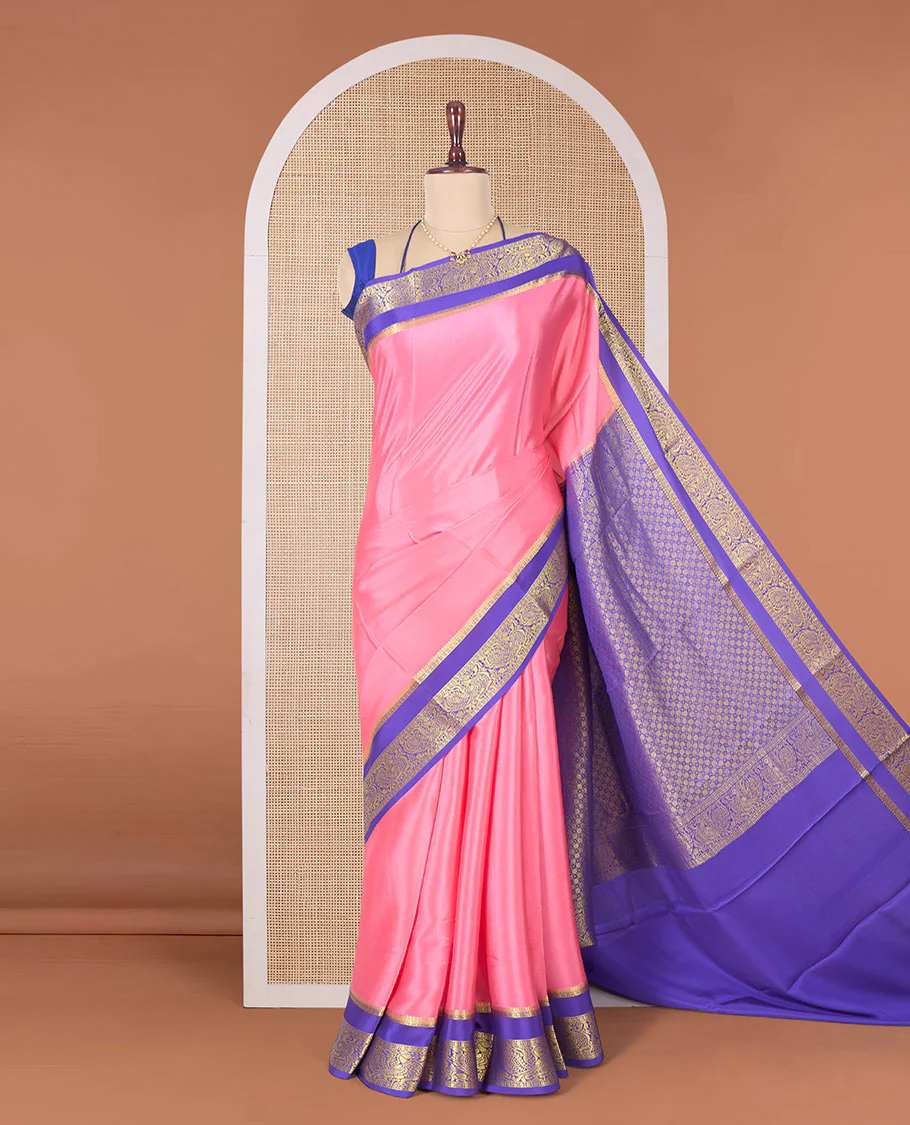 Pink plain Mysore silk saree, contrast rettai pettu traditional zari border, and pallu of jaal design - Image 3
