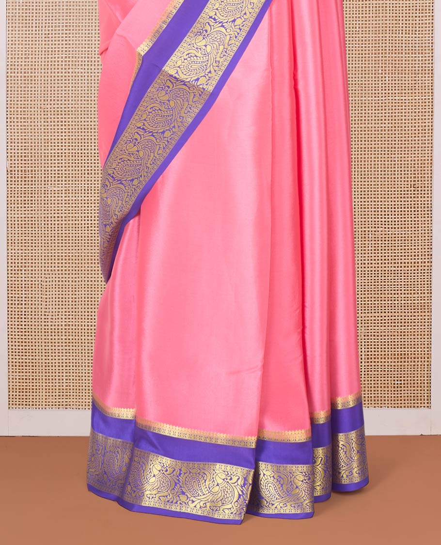Pink plain Mysore silk saree, contrast rettai pettu traditional zari border, and pallu of jaal design - Image 4