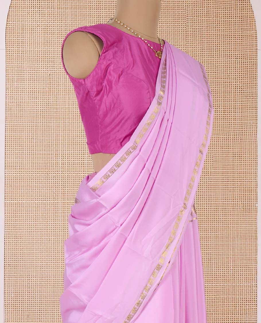 Pink plain Mysore silk saree, elephant motifs zari woven border, and zari striped pallu - Image 3