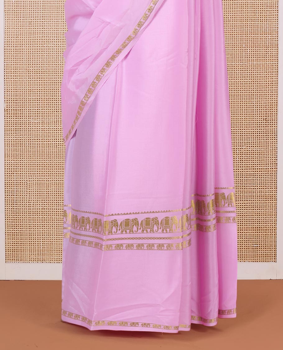 Pink plain Mysore silk saree, elephant motifs zari woven border, and zari striped pallu - Image 4