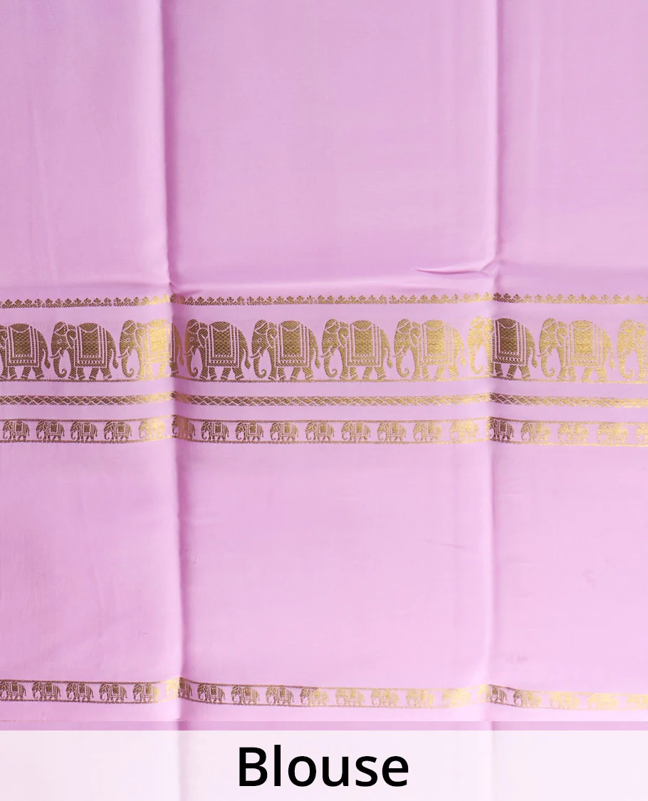Pink plain Mysore silk saree, elephant motifs zari woven border, and zari striped pallu - Image 5