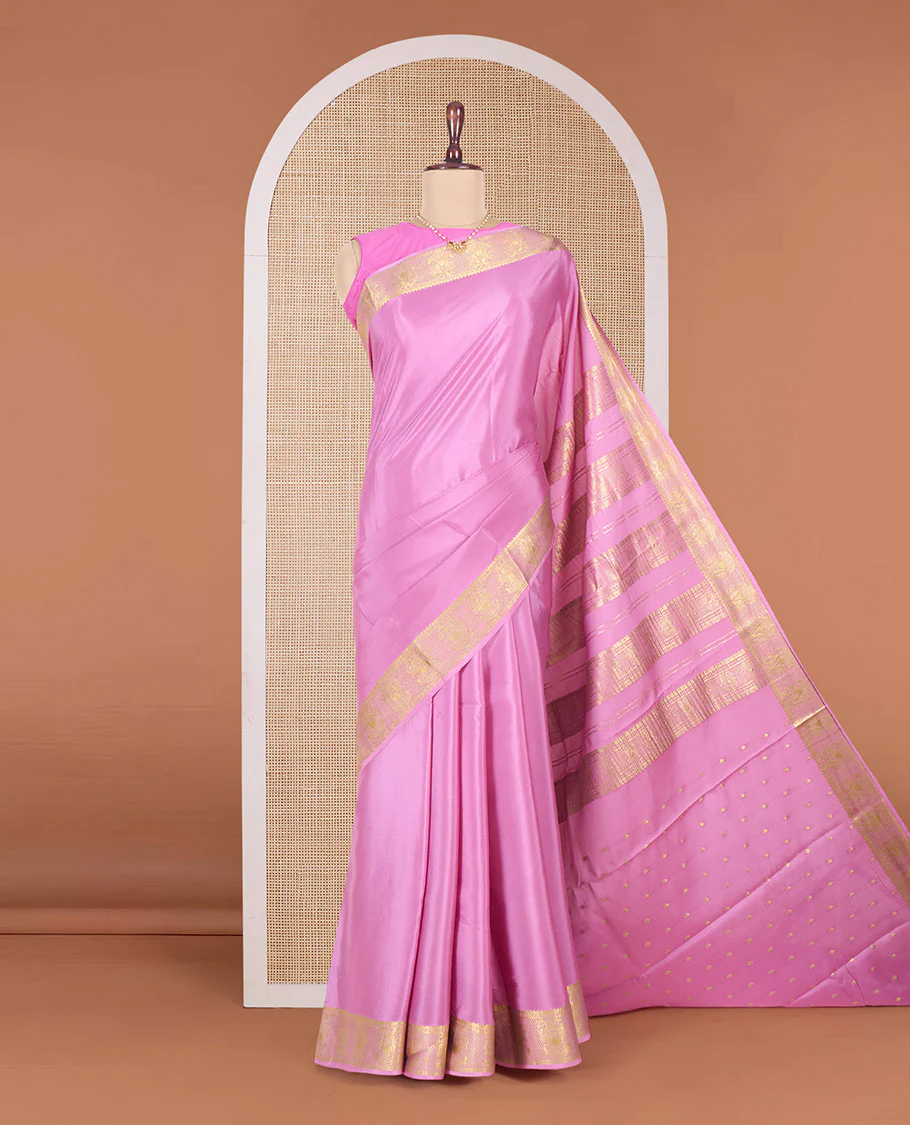Pink plain Mysore silk saree, traditional zari border and pallu of zari designs - Image 2