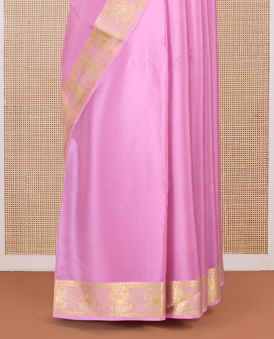 Pink plain Mysore silk saree, traditional zari border and pallu of zari designs - Image 4