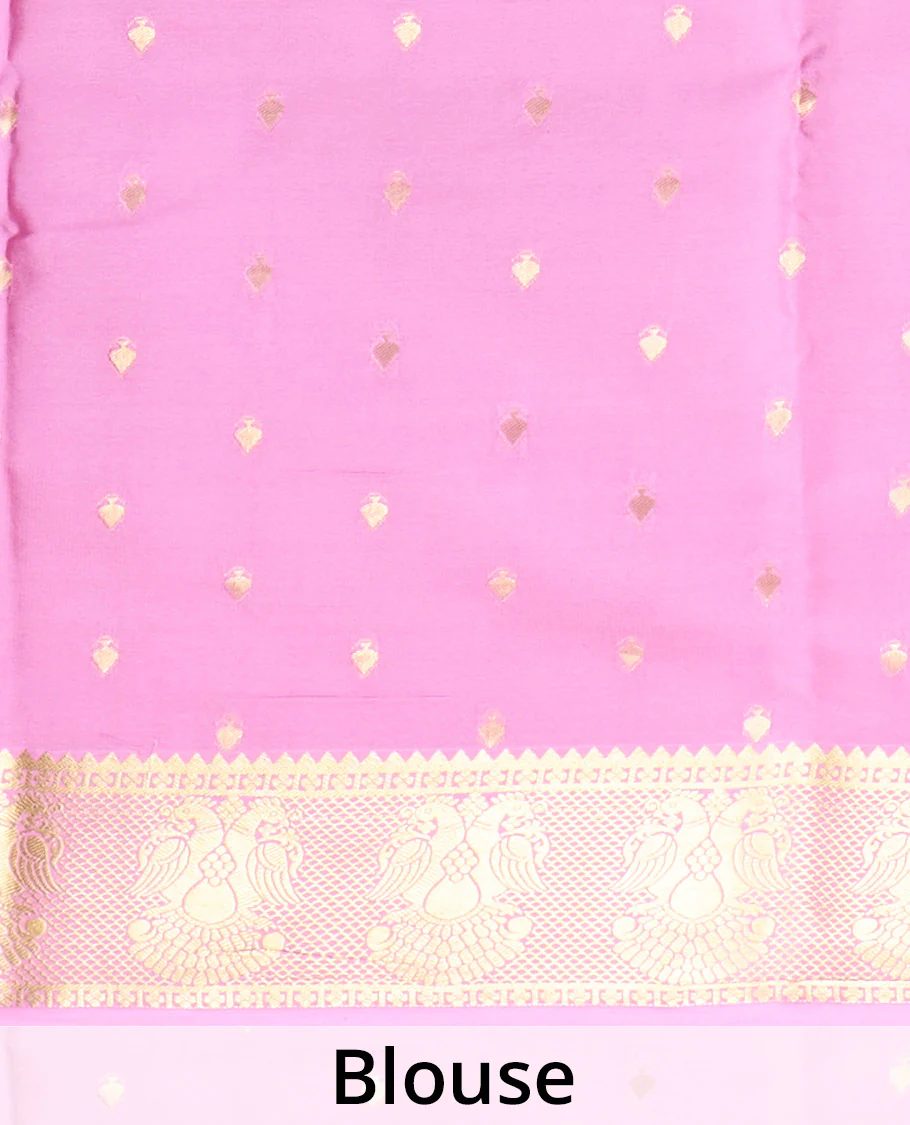 Pink plain Mysore silk saree, traditional zari border and pallu of zari designs - Image 5