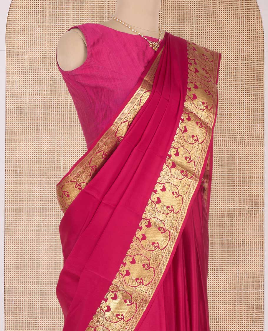 Pink plain Mysore silk saree, two-headed eagle motifs zari woven border, and pallu - Image 3
