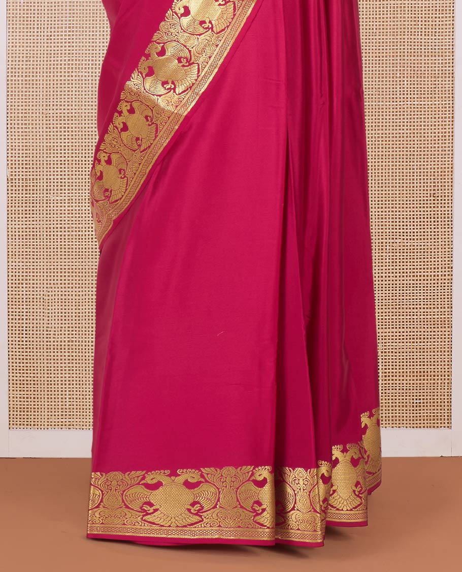 Pink plain Mysore silk saree, two-headed eagle motifs zari woven border, and pallu - Image 4