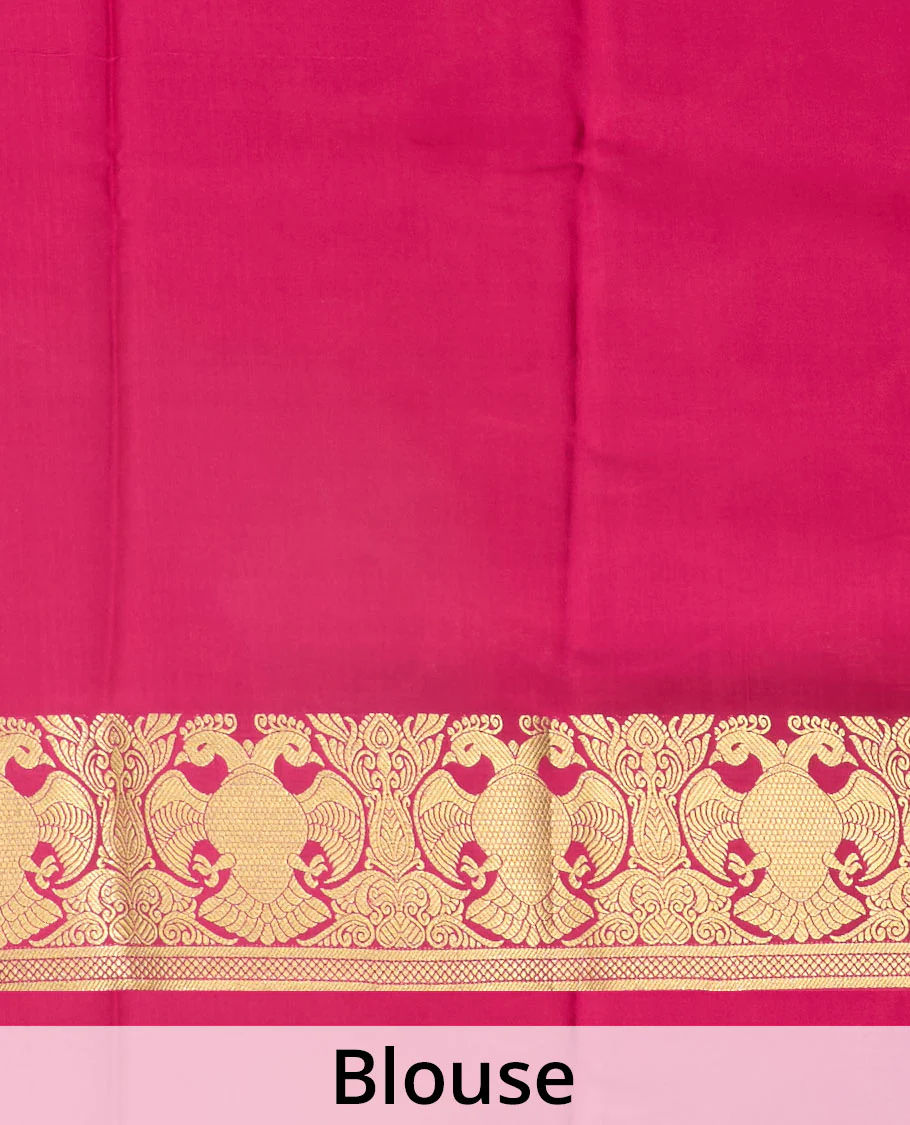 Pink plain Mysore silk saree, two-headed eagle motifs zari woven border, and pallu - Image 5