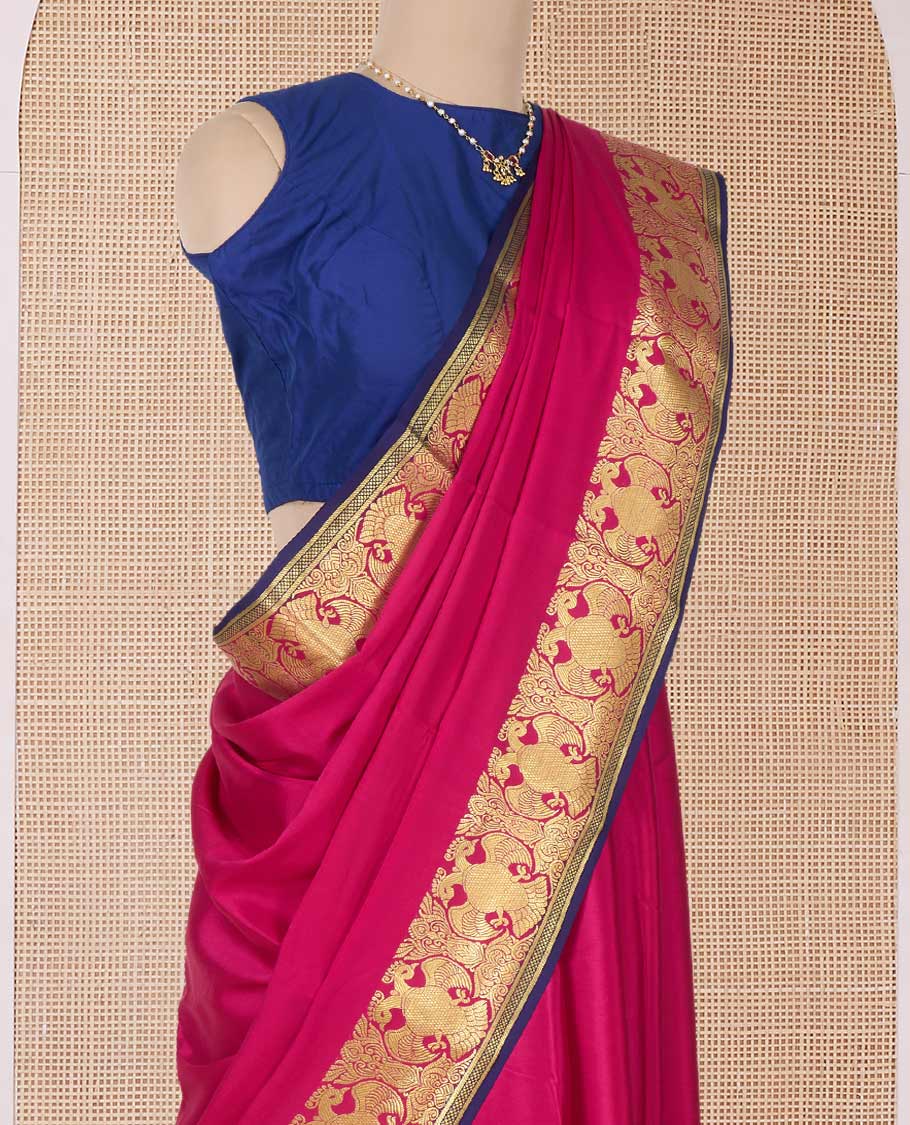 Pink plain Mysore silk saree, two-headed eagle zari border, and pallu steeped with two-headed eagle motifs - Image 3