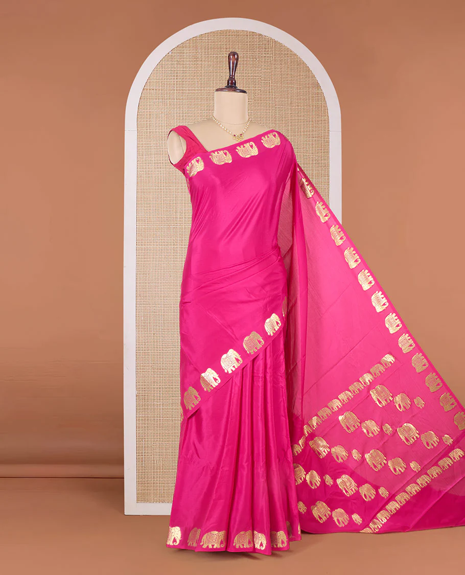 Pink plain Mysore silk saree with elephant motifs zari border, and pallu of miniatures of elephant motifs - Image 2