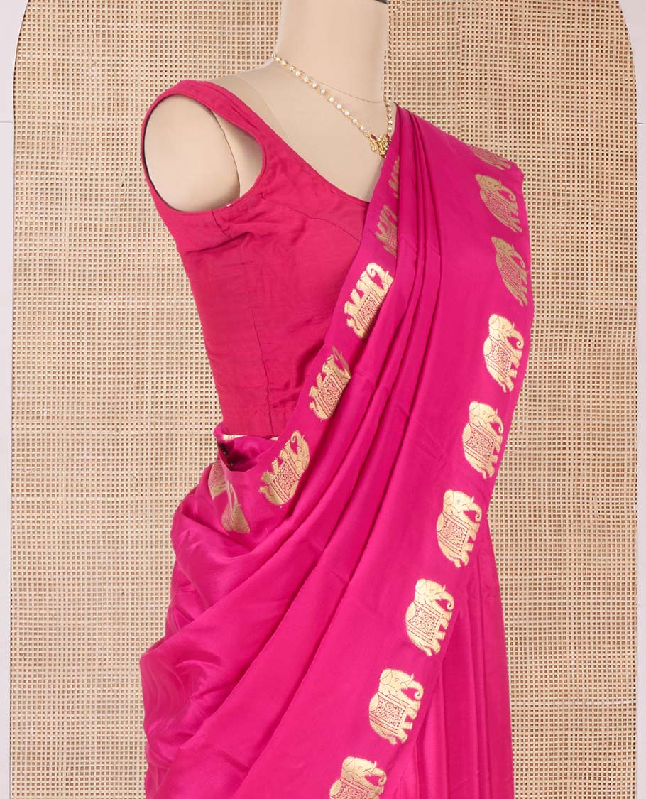 Pink plain Mysore silk saree with elephant motifs zari border, and pallu of miniatures of elephant motifs - Image 3