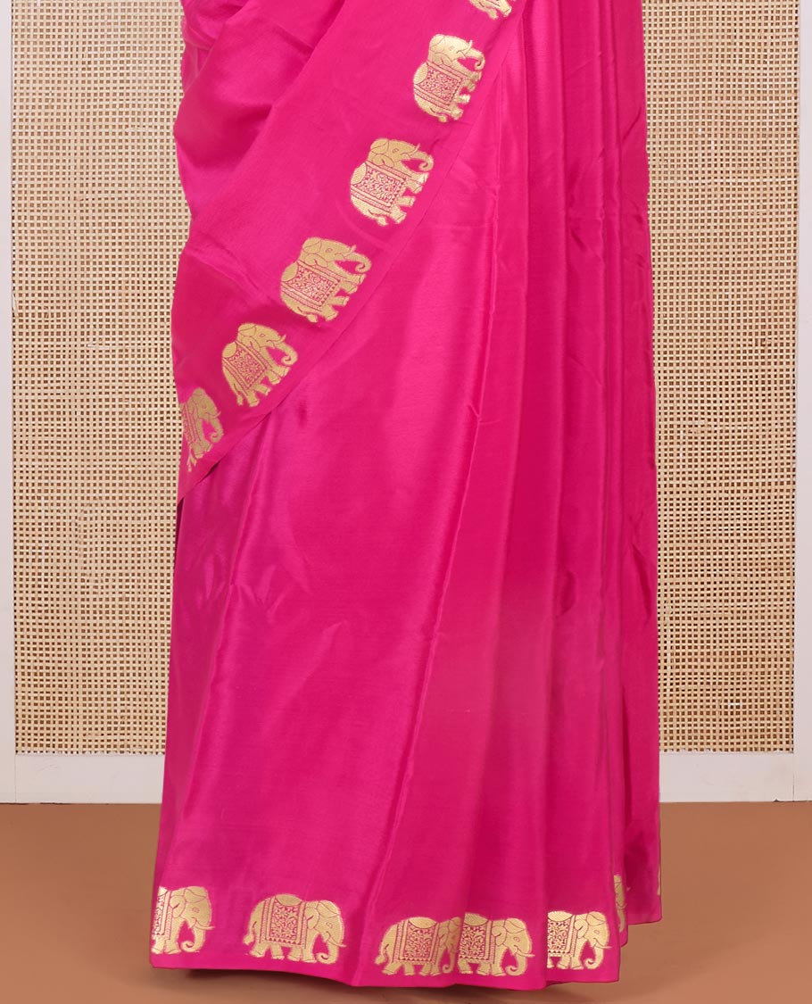 Pink plain Mysore silk saree with elephant motifs zari border, and pallu of miniatures of elephant motifs - Image 4