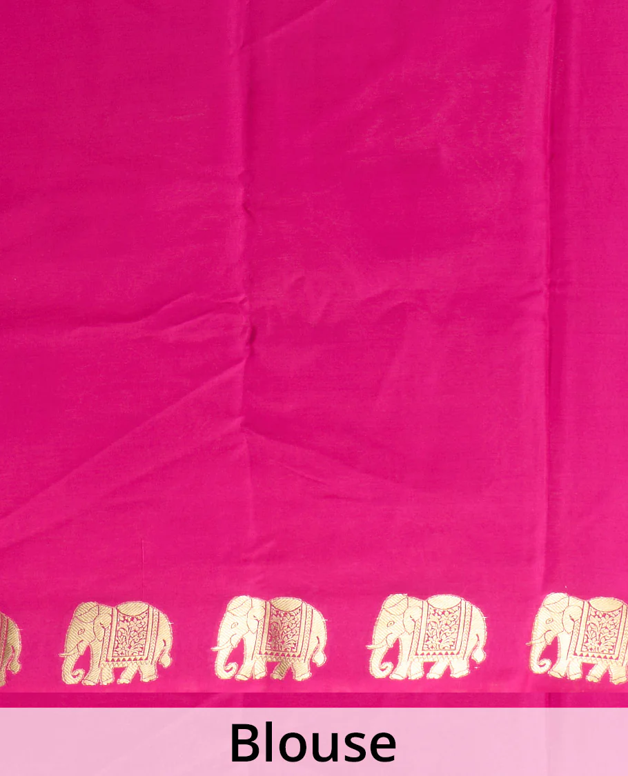 Pink plain Mysore silk saree with elephant motifs zari border, and pallu of miniatures of elephant motifs - Image 5
