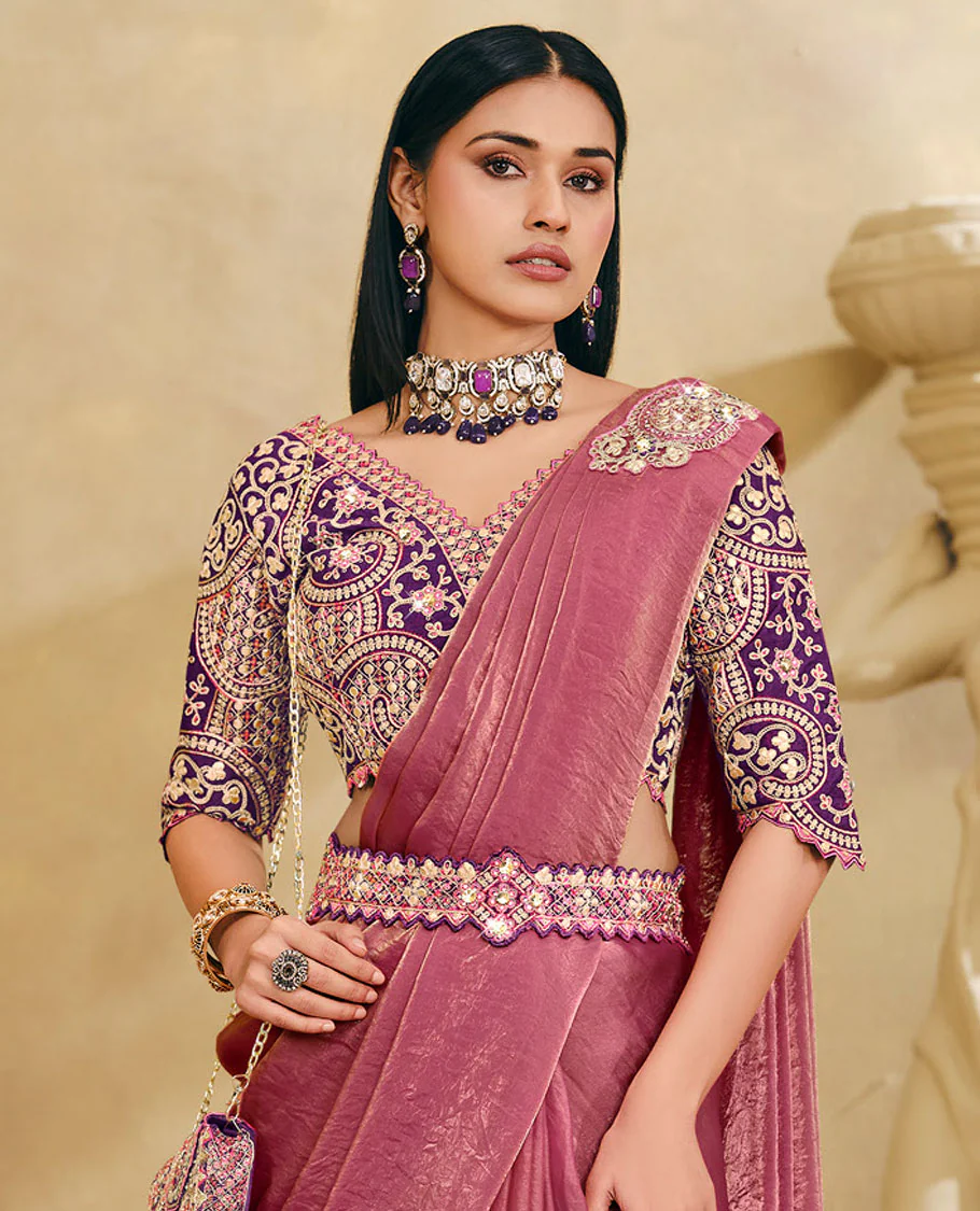 Pink Plain Party Wear Designer Saree, Complemented with a Contrast V-Neck Heavy Embroidered Elbow Sleeve Readymade Blouse, Detachable Embroidered Belt, and a Free Embroidered Flap Sling Bag - Image 2