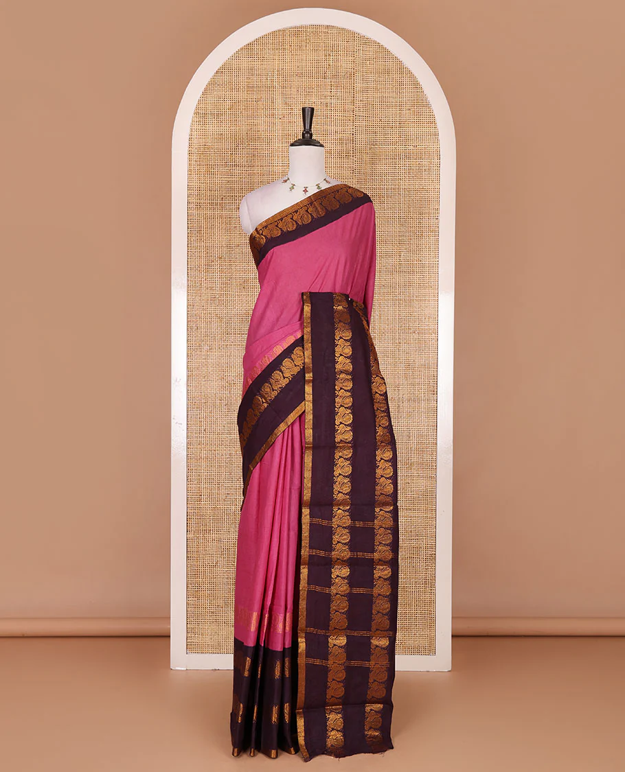 Pink plain sungudi cotton saree, contrast annam motifs, gold zari woven border, zari striped, and zari design contrast blouse - Image 2