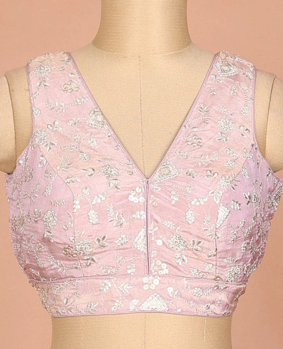Pink-plush floral vine thread embroidered sleeveless readymade blouse with front and back deep-V neck - Image 3