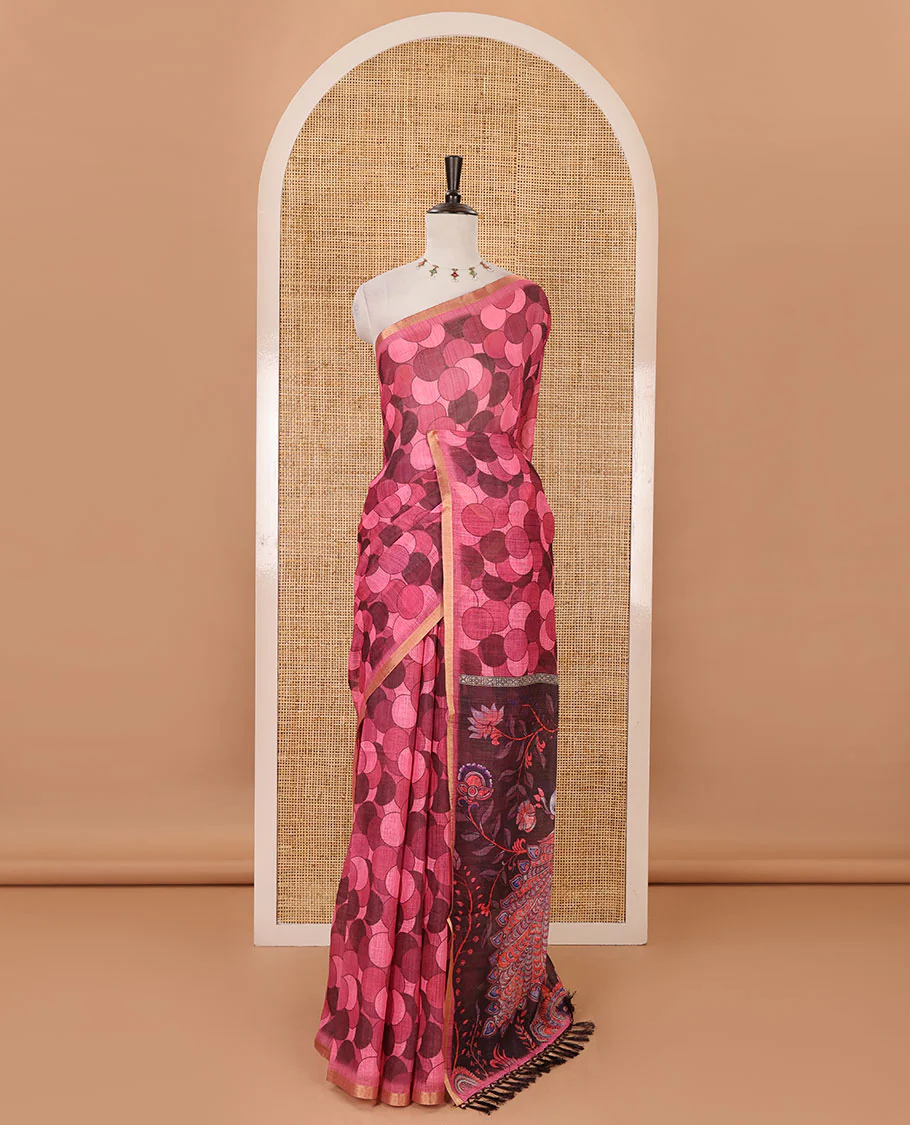 Pink polka dots printed linen cotton saree, piping border, kalamkari floral-peacock printed pallu & small polka dots printed blouse - Image 2