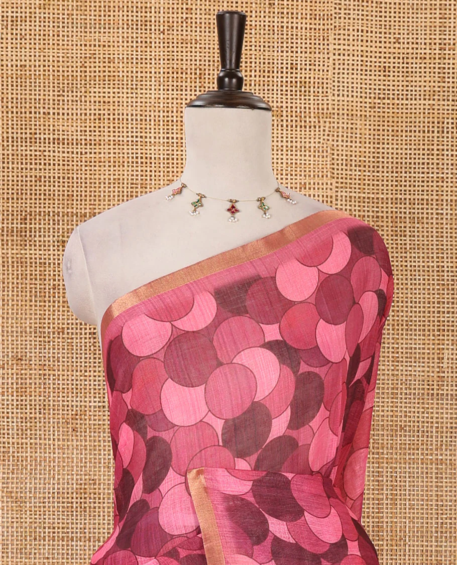 Pink polka dots printed linen cotton saree, piping border, kalamkari floral-peacock printed pallu & small polka dots printed blouse - Image 3