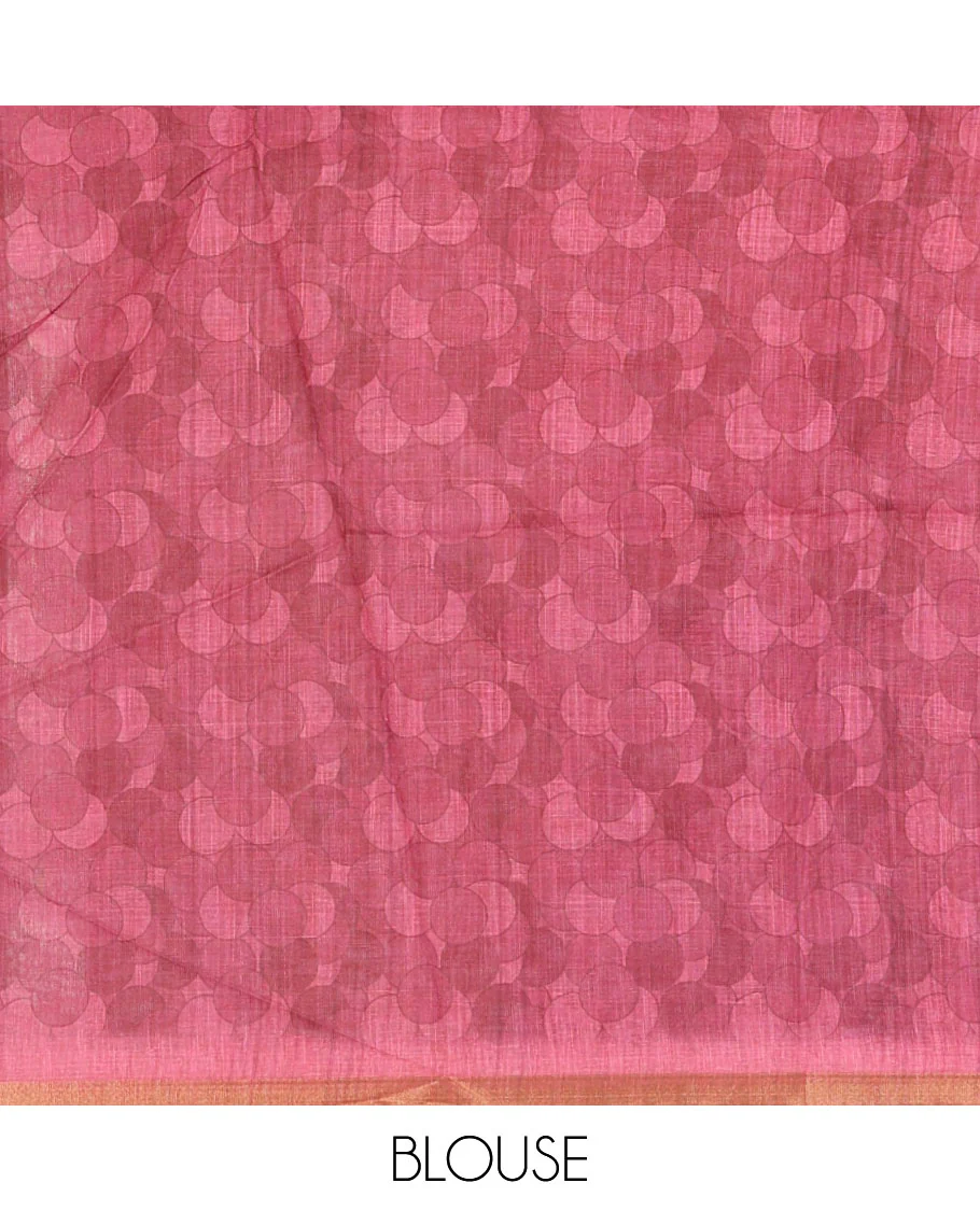 Pink polka dots printed linen cotton saree, piping border, kalamkari floral-peacock printed pallu & small polka dots printed blouse - Image 4