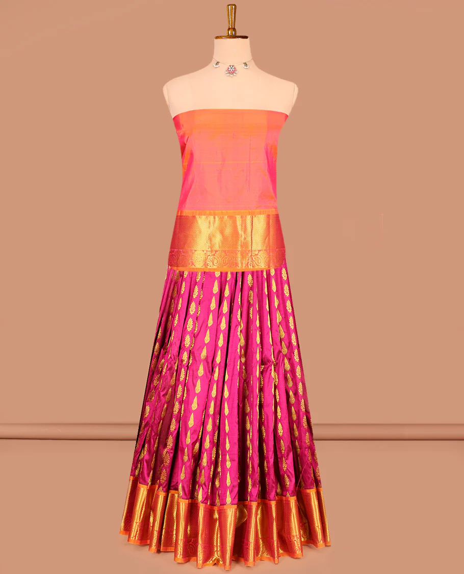 Pink Pure Silk Half-Saree Elegantly Highlighted with Zari Buttas on Its Skirt, Complemented by a Contrast  Border Featuring Rekku, Mayil Kann, Manga, and Chakram Designs, Comes with a Contrast Blouse and a Dhavani of Butta Enclosed Jaal Designs - Image 3