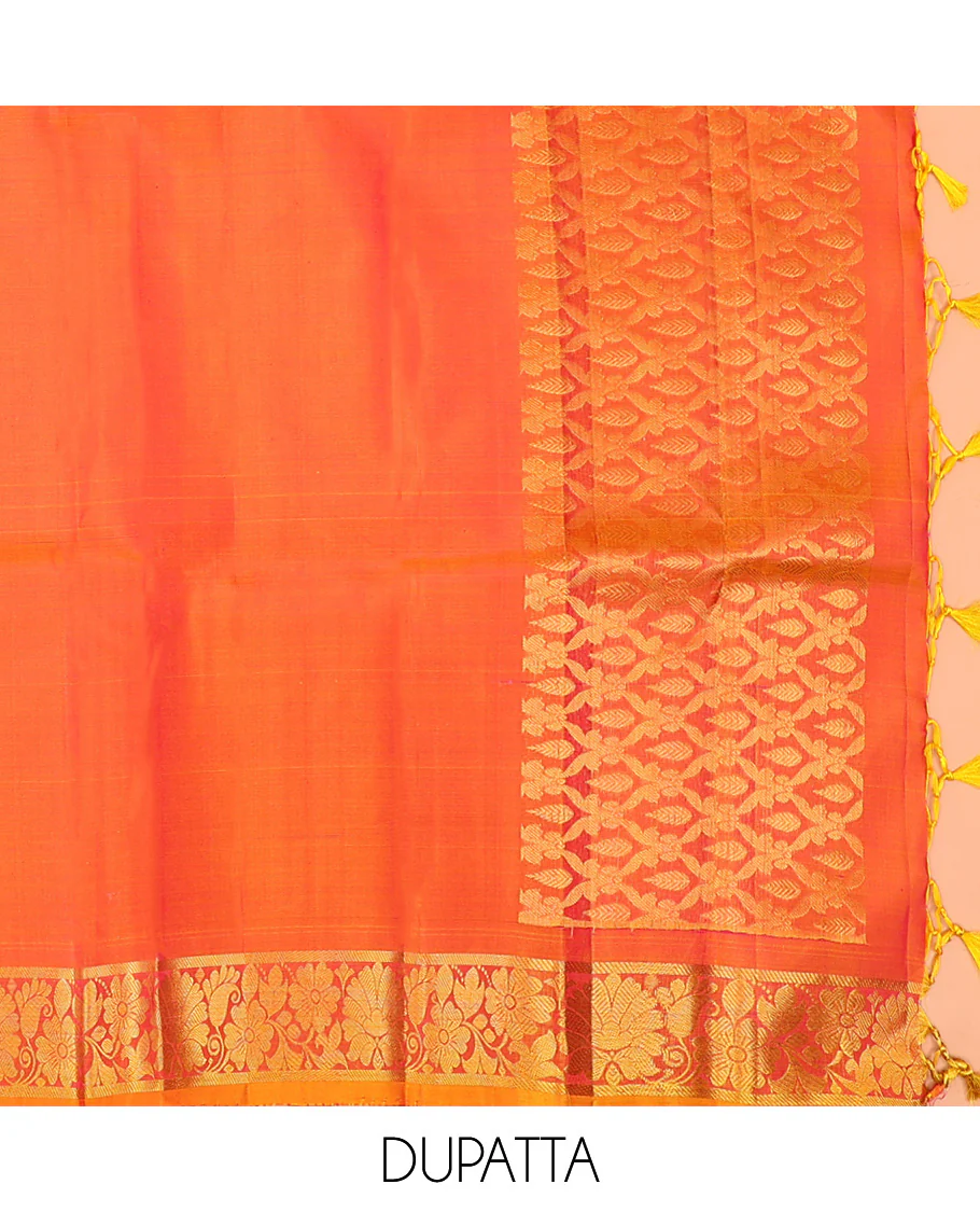 Pink Pure Silk Half-Saree Elegantly Highlighted with Zari Buttas on Its Skirt, Complemented by a Contrast  Border Featuring Rekku, Mayil Kann, Manga, and Chakram Designs, Comes with a Contrast Blouse and a Dhavani of Butta Enclosed Jaal Designs - Image 5