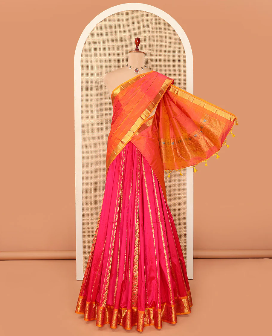 Pink Pure Silk Half-Saree Embellished with Manga Designs on Its Skirt, Complemented by a Contrast Border Zari Designs, Comes with a Contrast Blouse and a Dhavani of Mang and Leaf Designs