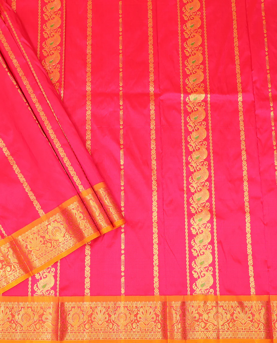 Pink Pure Silk Half-Saree Embellished with Manga Designs on Its Skirt, Complemented by a Contrast Border Zari Designs, Comes with a Contrast Blouse and a Dhavani of Mang and Leaf Designs - Image 2