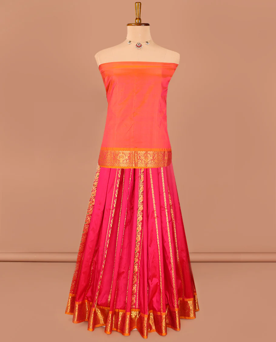 Pink Pure Silk Half-Saree Embellished with Manga Designs on Its Skirt, Complemented by a Contrast Border Zari Designs, Comes with a Contrast Blouse and a Dhavani of Mang and Leaf Designs - Image 3