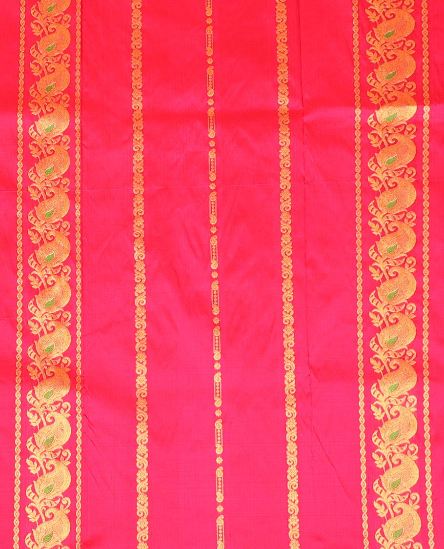 Pink Pure Silk Half-Saree Embellished with Manga Designs on Its Skirt, Complemented by a Contrast Border Zari Designs, Comes with a Contrast Blouse and a Dhavani of Mang and Leaf Designs - Image 4