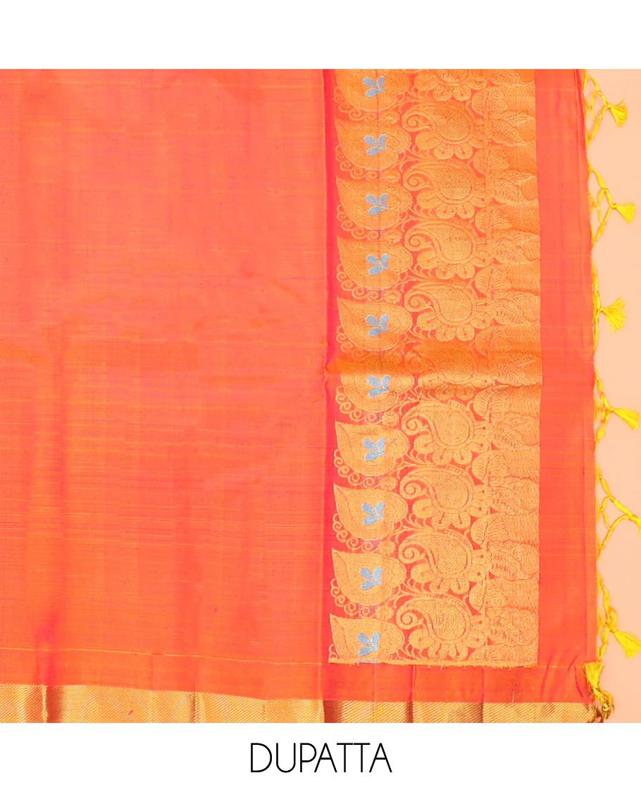 Pink Pure Silk Half-Saree Embellished with Manga Designs on Its Skirt, Complemented by a Contrast Border Zari Designs, Comes with a Contrast Blouse and a Dhavani of Mang and Leaf Designs - Image 6