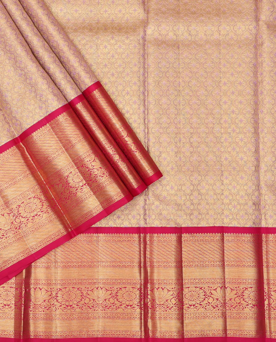 Pink pure-silk half saree, jacquard skirt, contrast border & blouse of rekku,muthu,rettai neli,stripes & kamlam motifs & intricate dhavani - Image 2