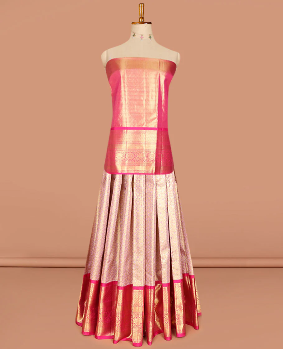 Pink pure-silk half saree, jacquard skirt, contrast border & blouse of rekku,muthu,rettai neli,stripes & kamlam motifs & intricate dhavani - Image 3