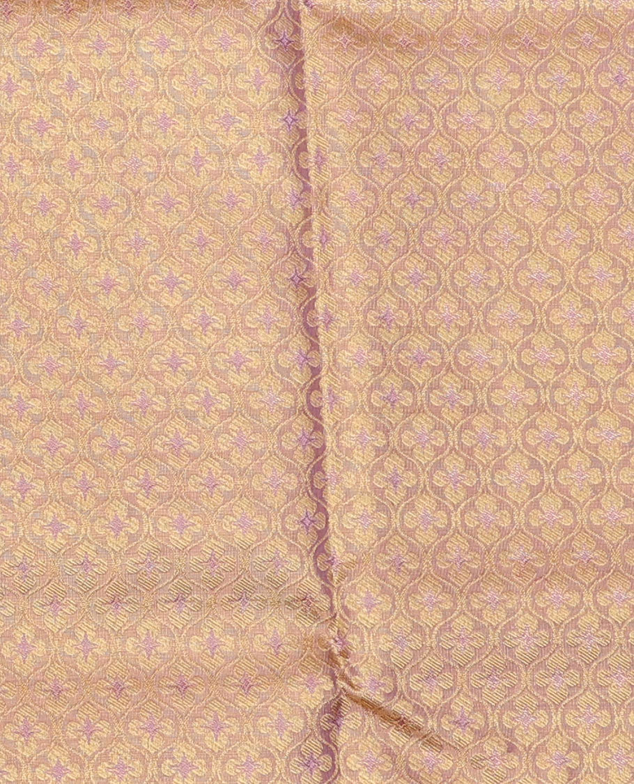 Pink pure-silk half saree, jacquard skirt, contrast border & blouse of rekku,muthu,rettai neli,stripes & kamlam motifs & intricate dhavani - Image 4