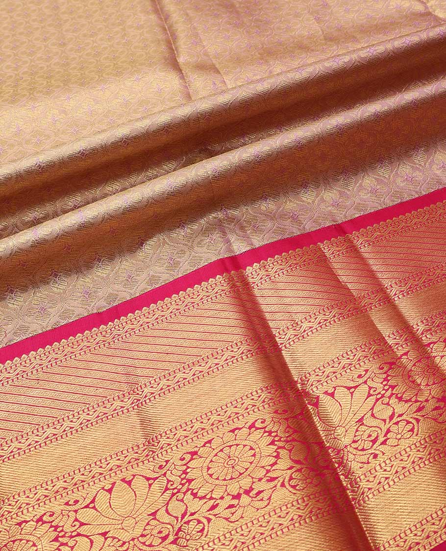 Pink pure-silk half saree, jacquard skirt, contrast border & blouse of rekku,muthu,rettai neli,stripes & kamlam motifs & intricate dhavani - Image 5