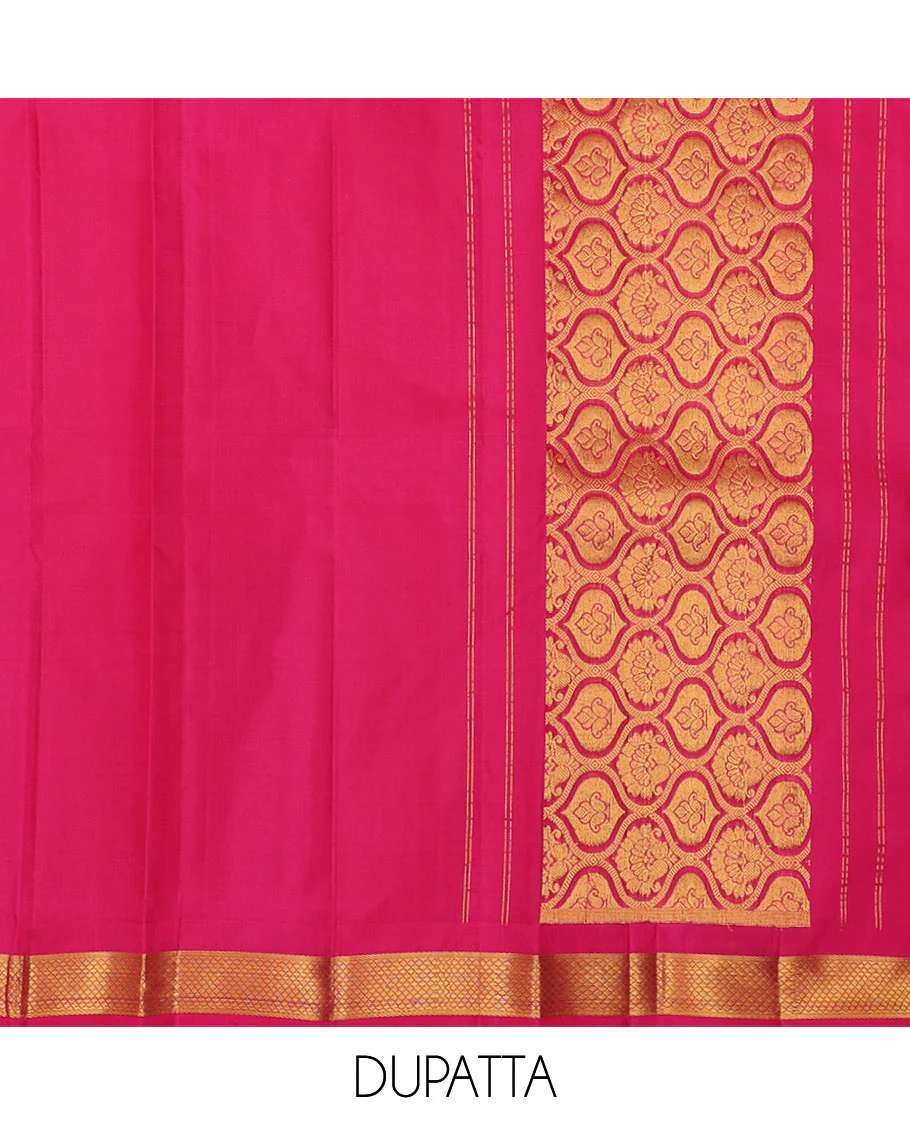 Pink pure-silk half saree, jacquard skirt, contrast border & blouse of rekku,muthu,rettai neli,stripes & kamlam motifs & intricate dhavani - Image 6