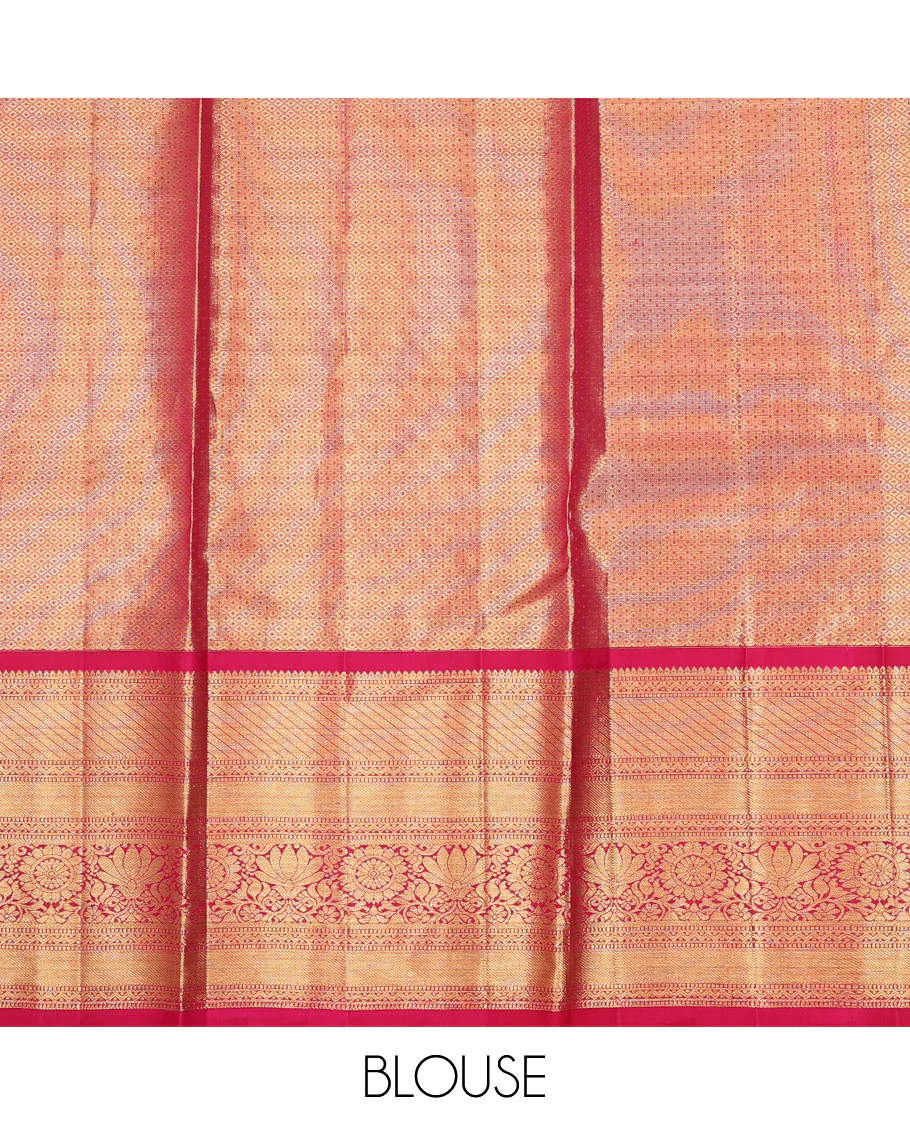 Pink pure-silk half saree, jacquard skirt, contrast border & blouse of rekku,muthu,rettai neli,stripes & kamlam motifs & intricate dhavani - Image 7